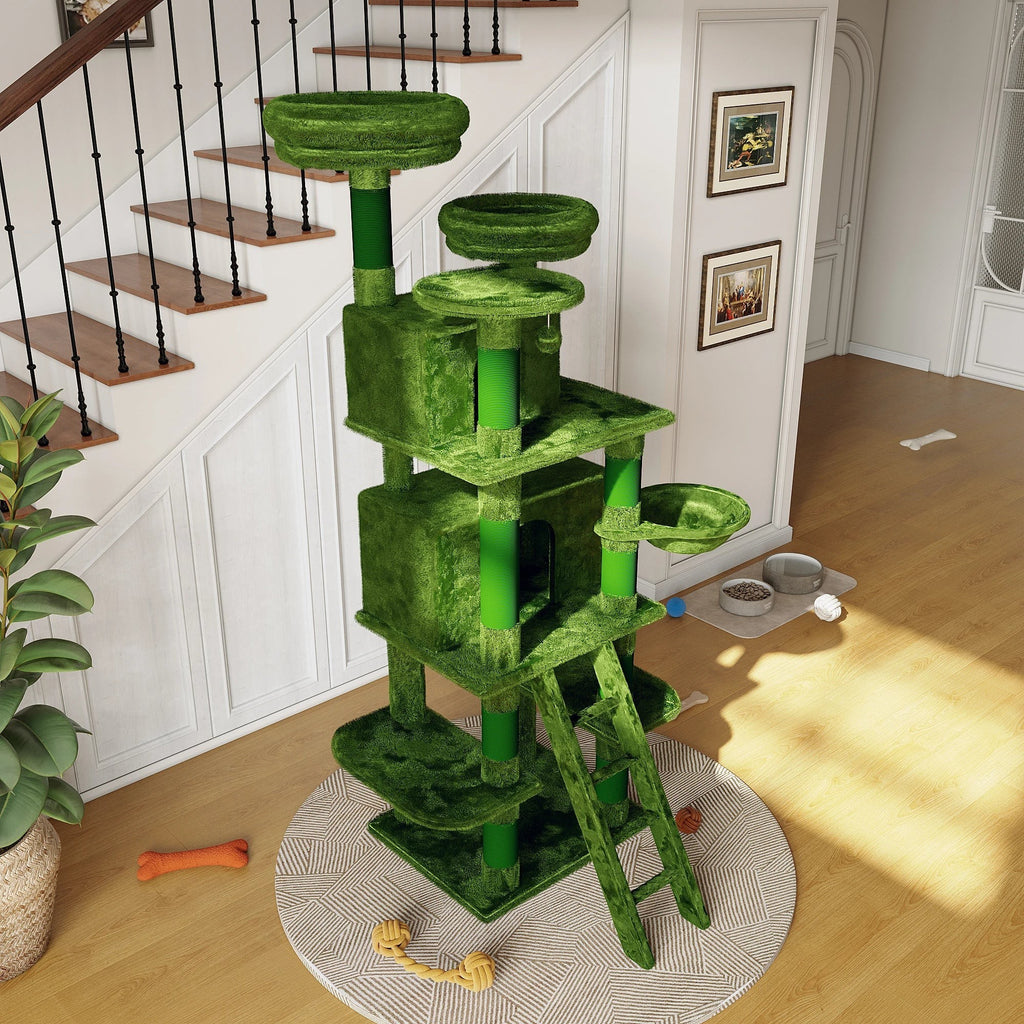 Large 70.87in Cat Tree W/2 Private Condos,3 Perches&Hanging Hammock,Skin-Friendly Short Plush&No Sharp Edges,Natural Sisal Scratching Areas,Safe & Stable for Multi-Cat Families,Kittens to Senior Cats