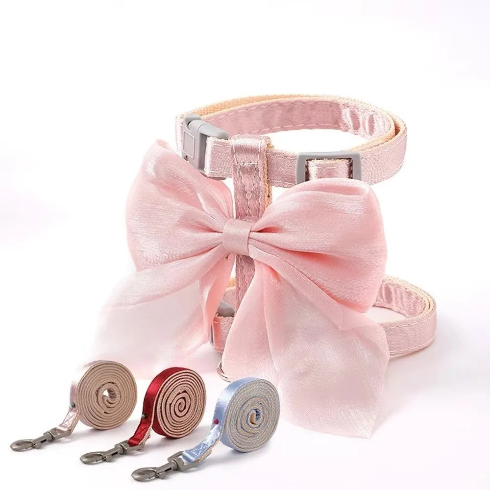 Cute Adjustable Bowknot Cat Harness Leash Escape Proof Shiny Bowknot Cat Leash Traction Rope Pet Decoration