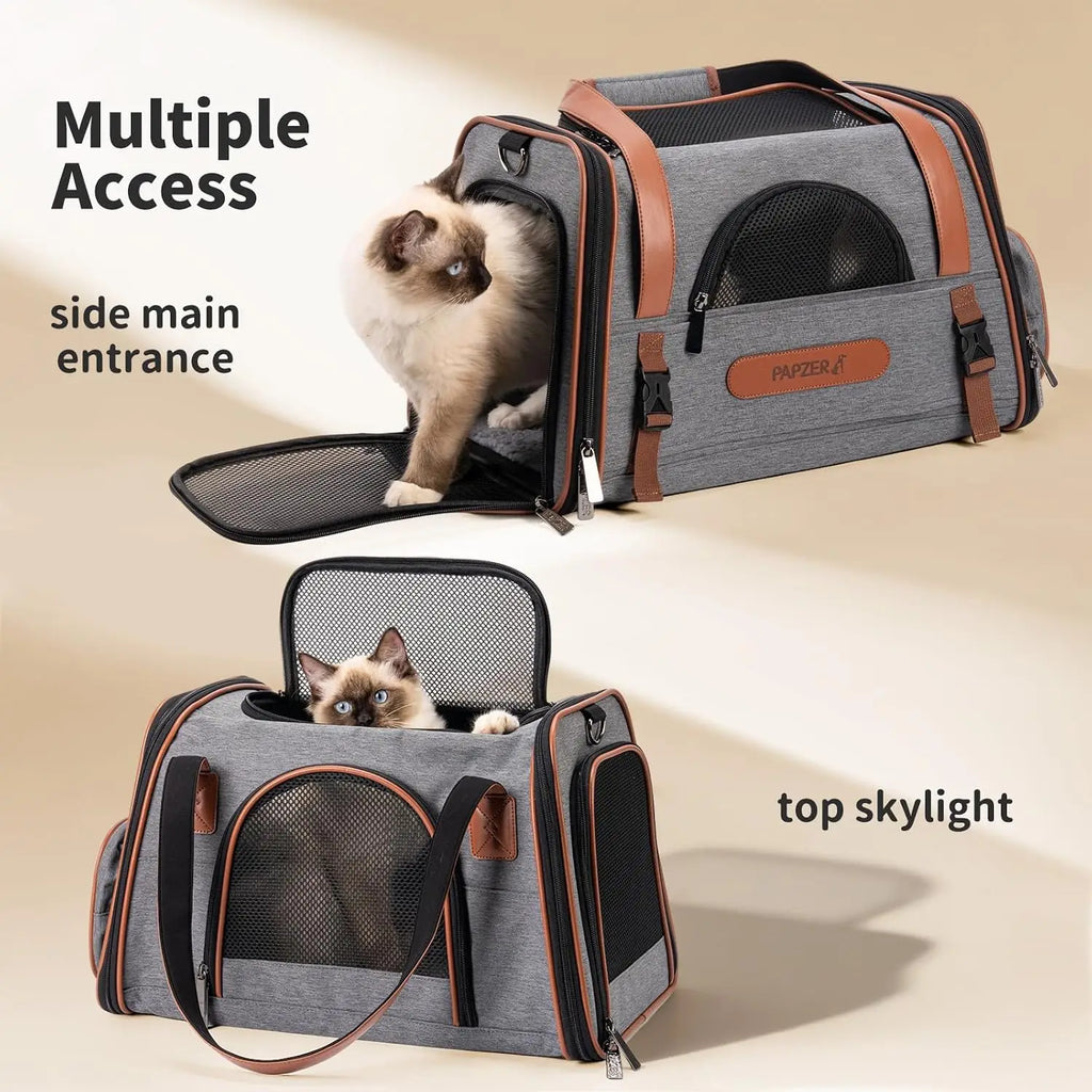 Premium Pet Carrier for Medium to Large Cats, Durable Leather & Oxford Fabric, Top & Side Load, Foldable, for Travel & Car