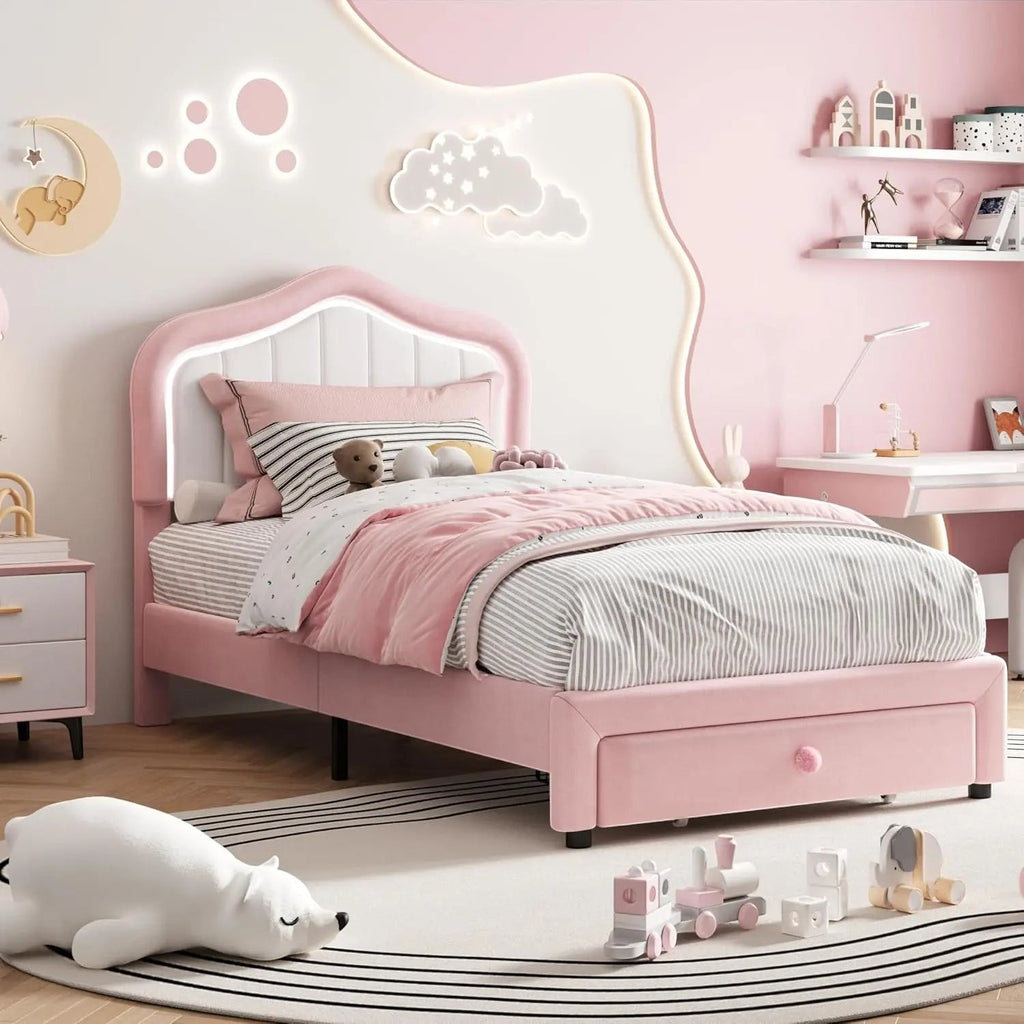 Kids Upholstered Bed Frame with LED Crown Headboard, Velvet Fabric and Metal-Wood Construction, Modern Princess Style Platform B