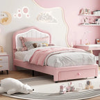 Kids Upholstered Bed Frame with LED Crown Headboard, Velvet Fabric and Metal-Wood Construction, Modern Princess Style Platform B