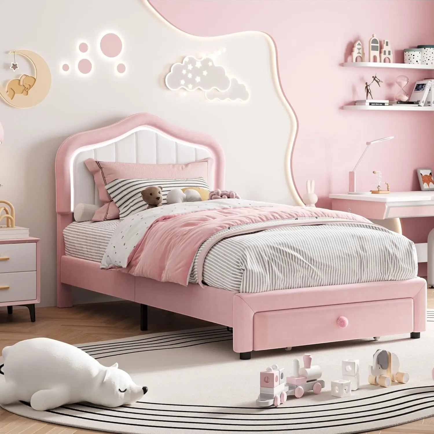 Kids Upholstered Bed Frame with LED Crown Headboard, Velvet Fabric and Metal-Wood Construction, Modern Princess Style Platform B