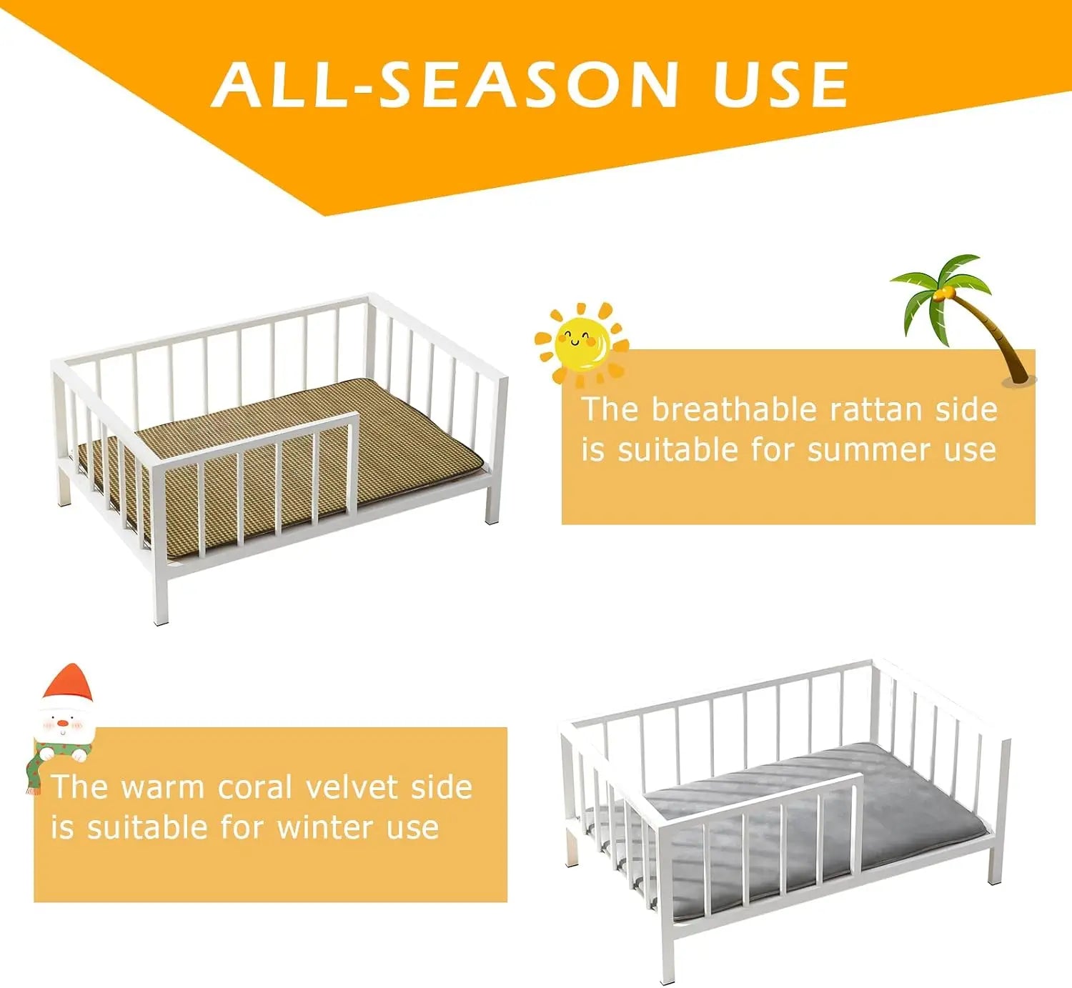 Elevated Dog Bed with Rails, Metal Frame & Solid Wood, Washable Mat, Medium 25.2x37.8in, White