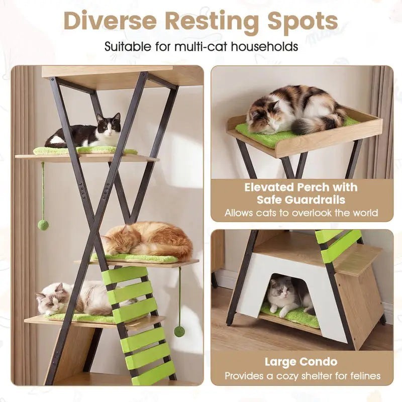 73 Inch Multi-level Cat Tree for Indoor Cats with Elevated Perch and Large Condo-Green