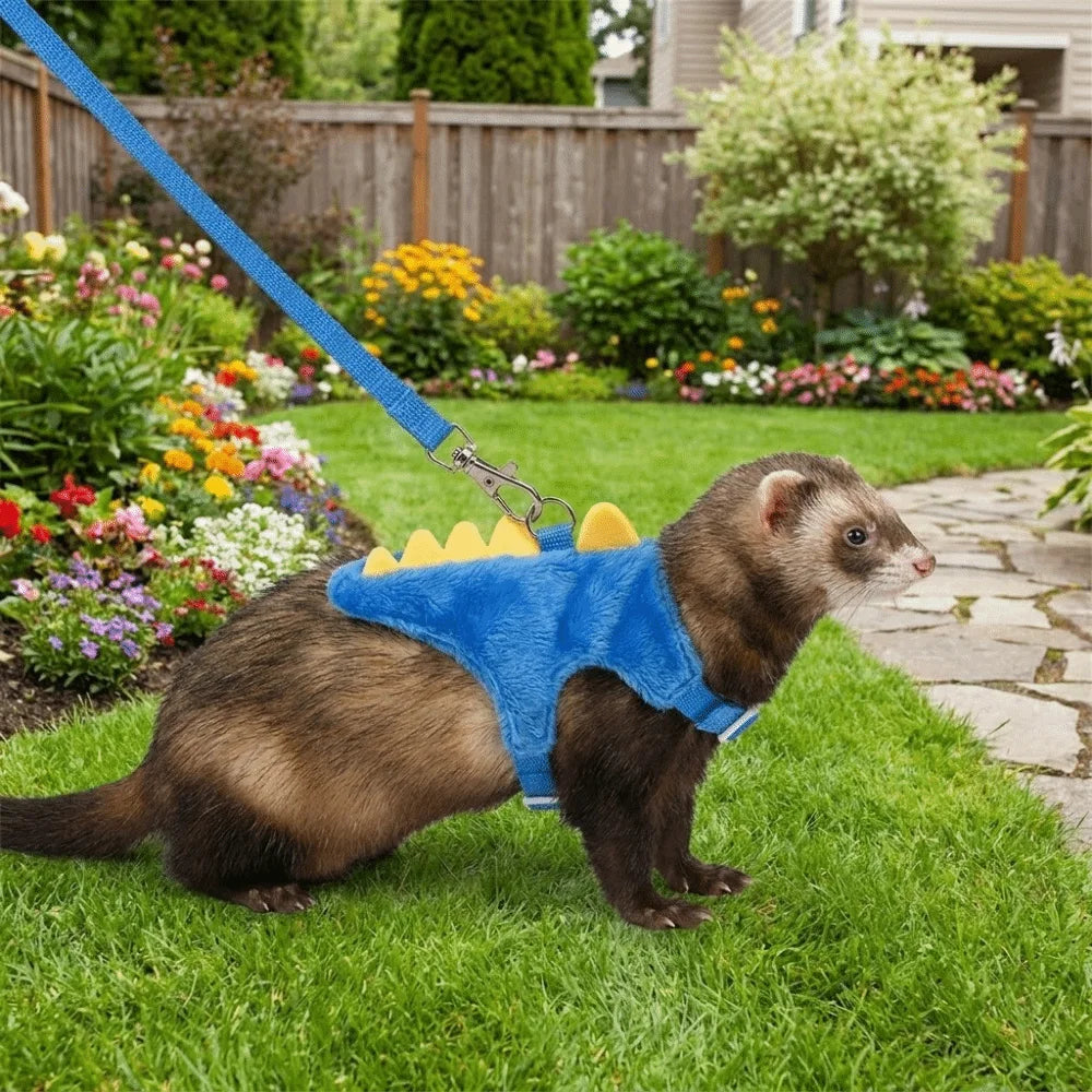 Adjustable Ferret Vest Harness Dinosaur Shape Escape-Proof Pet Traction Rope Comfortable with Bell Guinea Pig Safety Vest