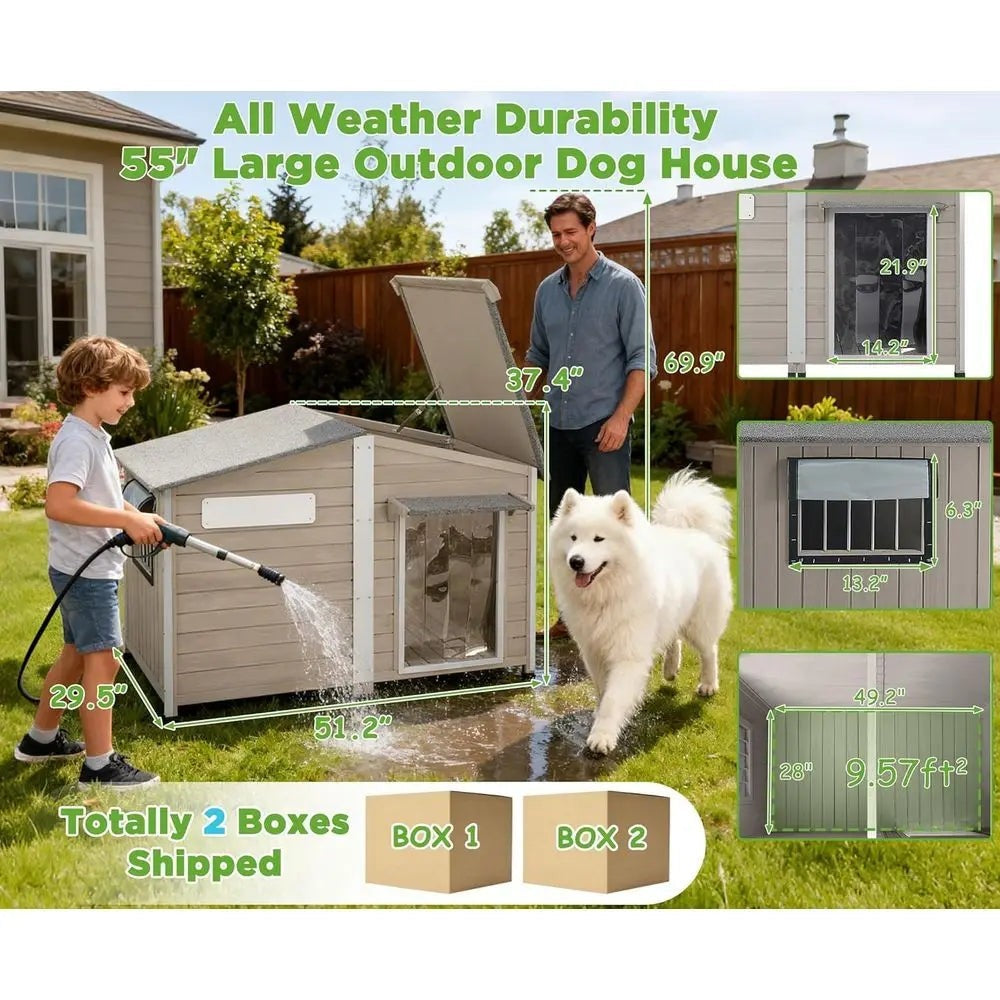 Extra Large Weatherproof XL Wooden Dog House for Small to Large Dogs with Metal Roof and Reinforced Base