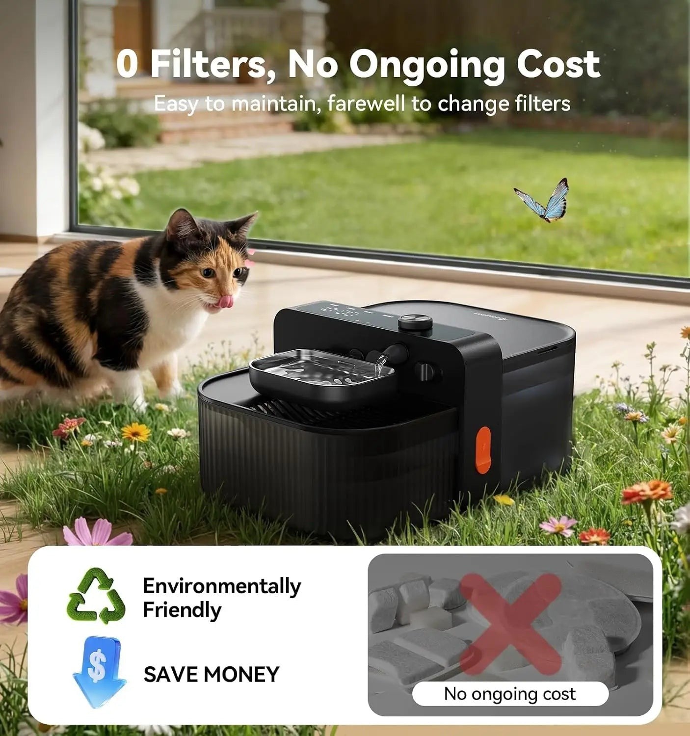 Wireless Cat Water Fountain, 3.5L Stainless Steel, No Filters, 3000mAh Battery, Quiet Pump for Cats & Small Pets, Black