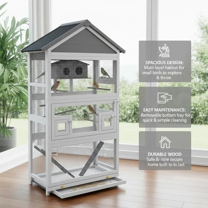Wooden Bird Cage, with Stand, for Finches, Parakeets, Small birds - Grey