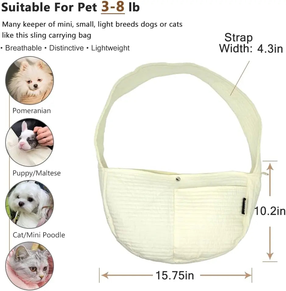 Canvas Dog Sling Carrier for Small Pets Hands Free with Safety Hook and Pocket for Outdoor Travel