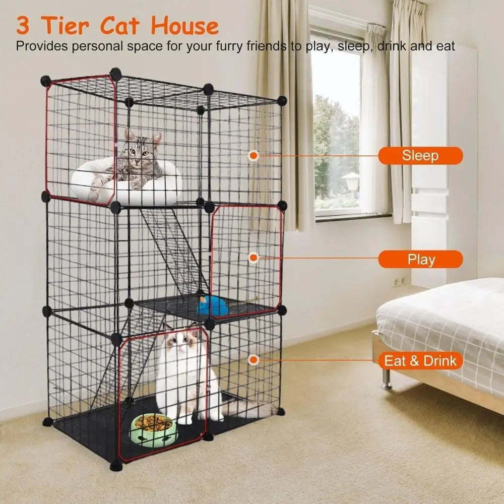 3-Tier Cat Cage & Playpen — Foldable Indoor Enclosure with Ladders