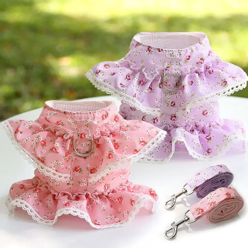 Small Dog Clothes Pet Cat Harness With Leash Lace Teddy Bichon Spring Summer Autumn Dog Leash Cat Supplies