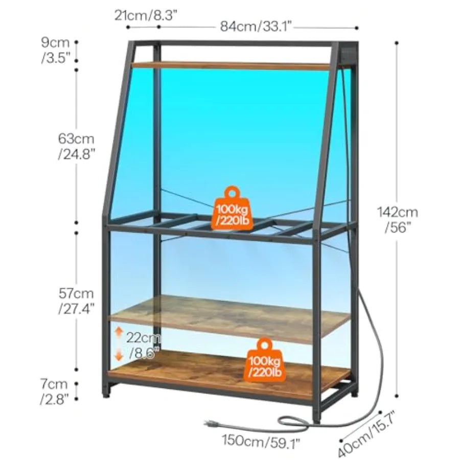 Fish tank stand for 20-29 gallon aquariums, metal frame, rustic brown, heavy duty with power outlets and LED light, 33.1'' L x
