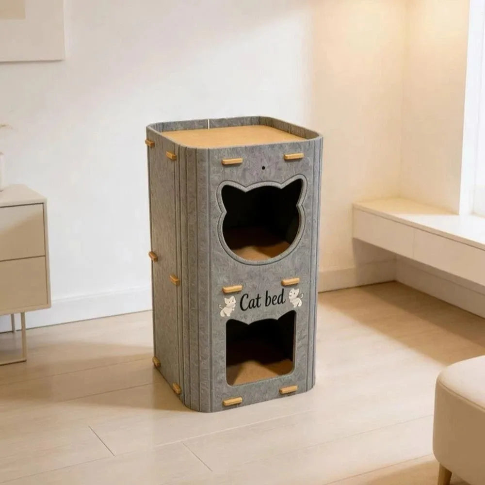 Creativity Double Layer Cat House Felt Foldable Cat Castle Bed Breathable Wear-resistant Cat Scratching Board Cat Supplies
