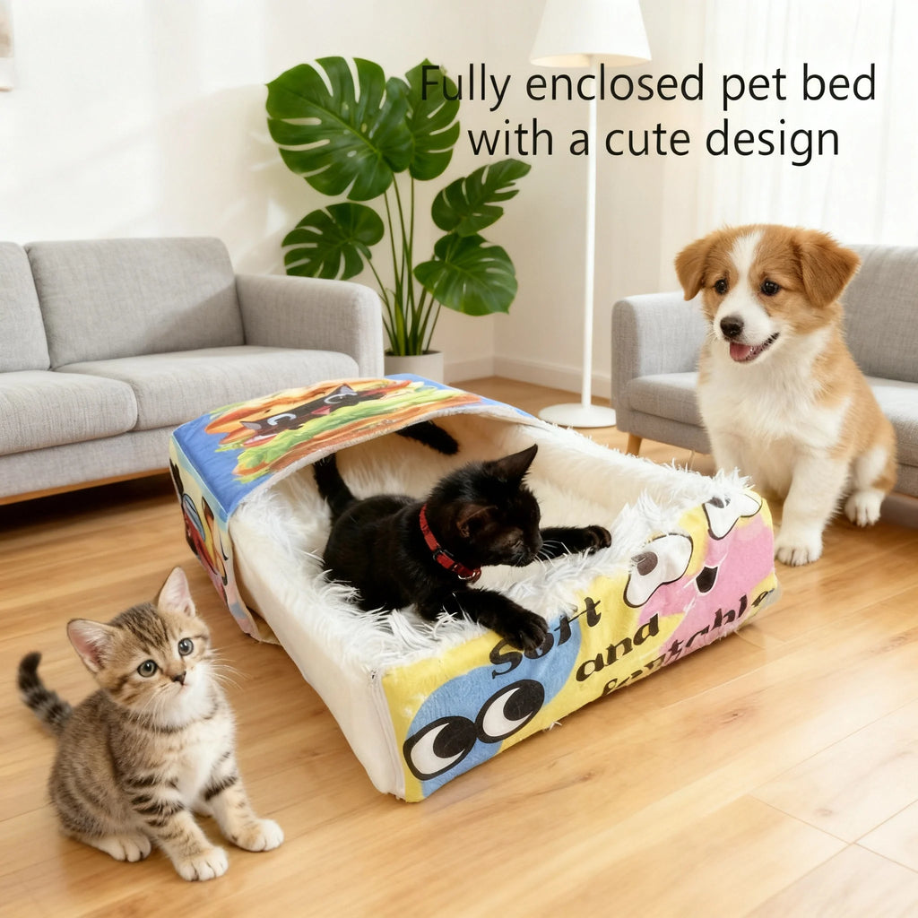 BOOTEELY Cartoon Hamburger Black Cat Snack Box Plush Cat Bed Spacious Cozy Pet Nest For Cats' Comfortable Rest With Cute Design