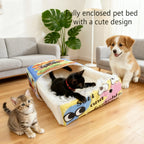 BOOTEELY Cartoon Hamburger Black Cat Snack Box Plush Cat Bed Spacious Cozy Pet Nest For Cats' Comfortable Rest With Cute Design