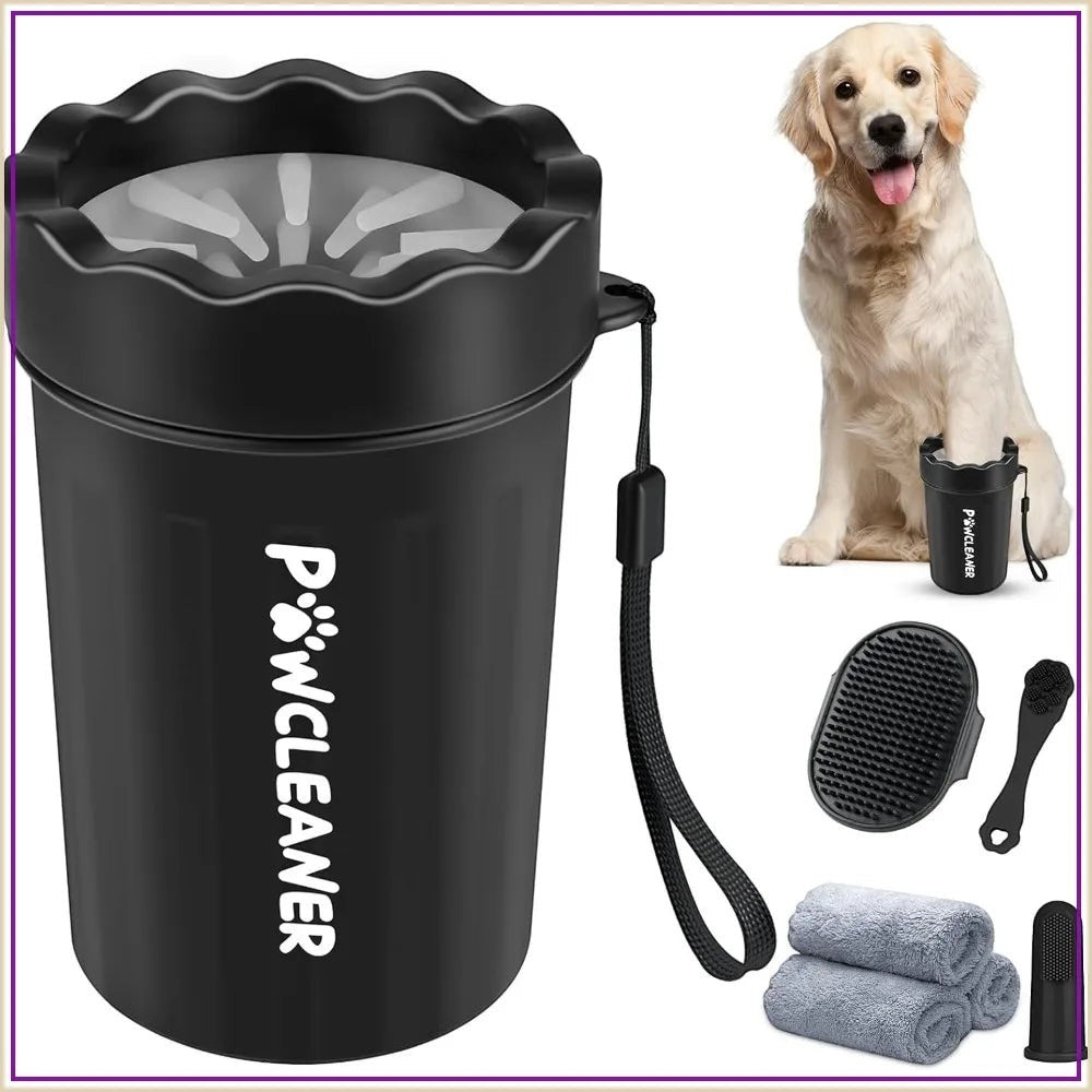 7 in 1 Dog Paw Cleaner for Dogs & Cats - Portable Paw Washer, Bath Brush, 2 Toothbrushes, 3 Towels (Medium, Black)