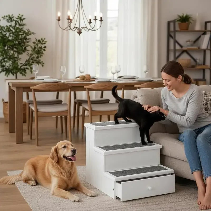 3 Step Wooden Dog Steps Pet Stairs for Dogs, Cat Ladder for Bed Couch with Storage White