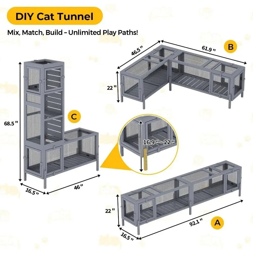 Configurable Window Catio with Multi-Level Cat Tunnel and Play Platforms for Indoor/Outdoor Use