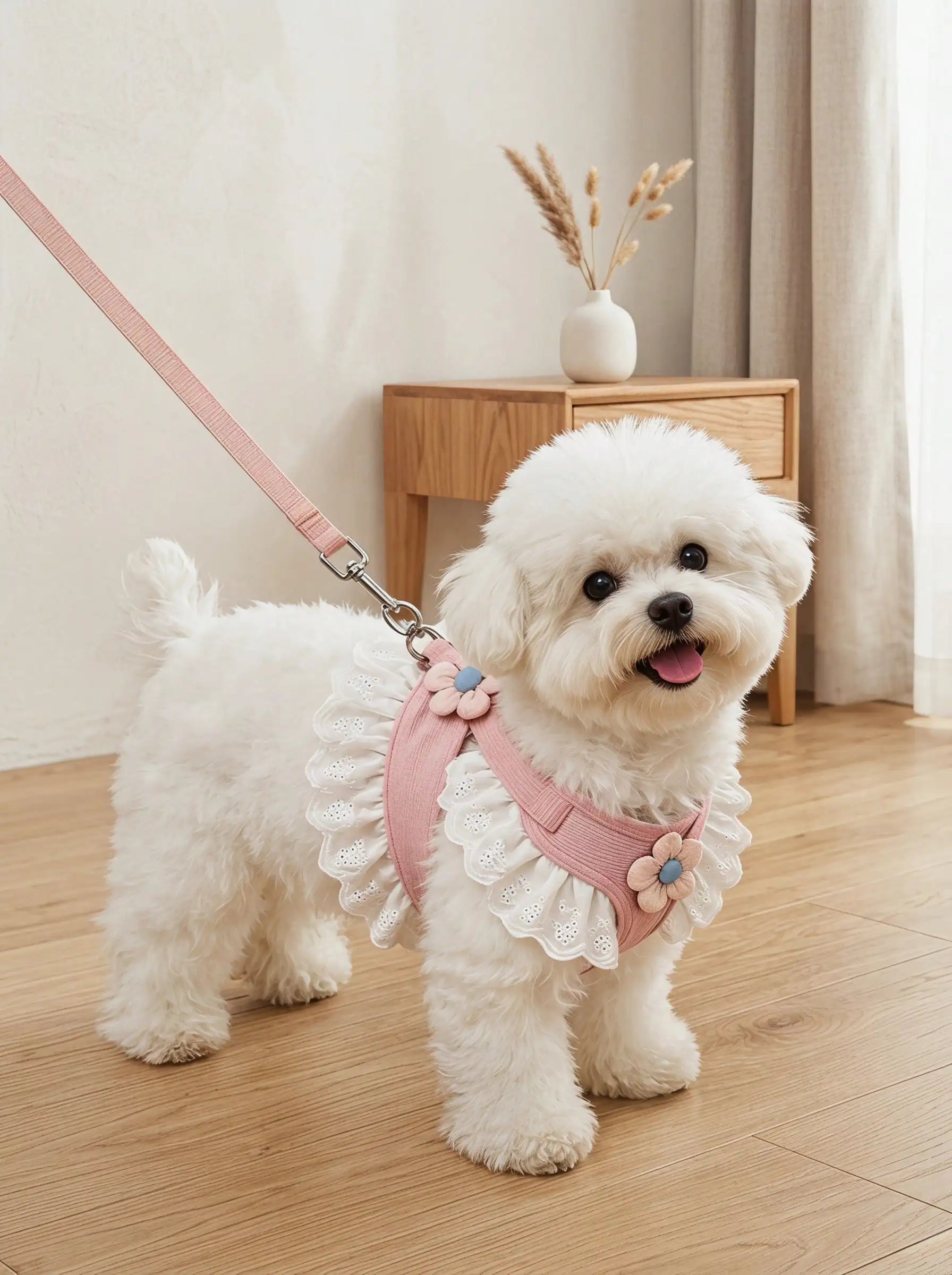 Floral Lace Pet Harness Dress with Matching Leash, Ruffle Princess Style, Breathable Fabric. Cute decorative outfit for small dogs and cats, comfortable walking harness for outdoor strolls, photo shooting and daily wearing