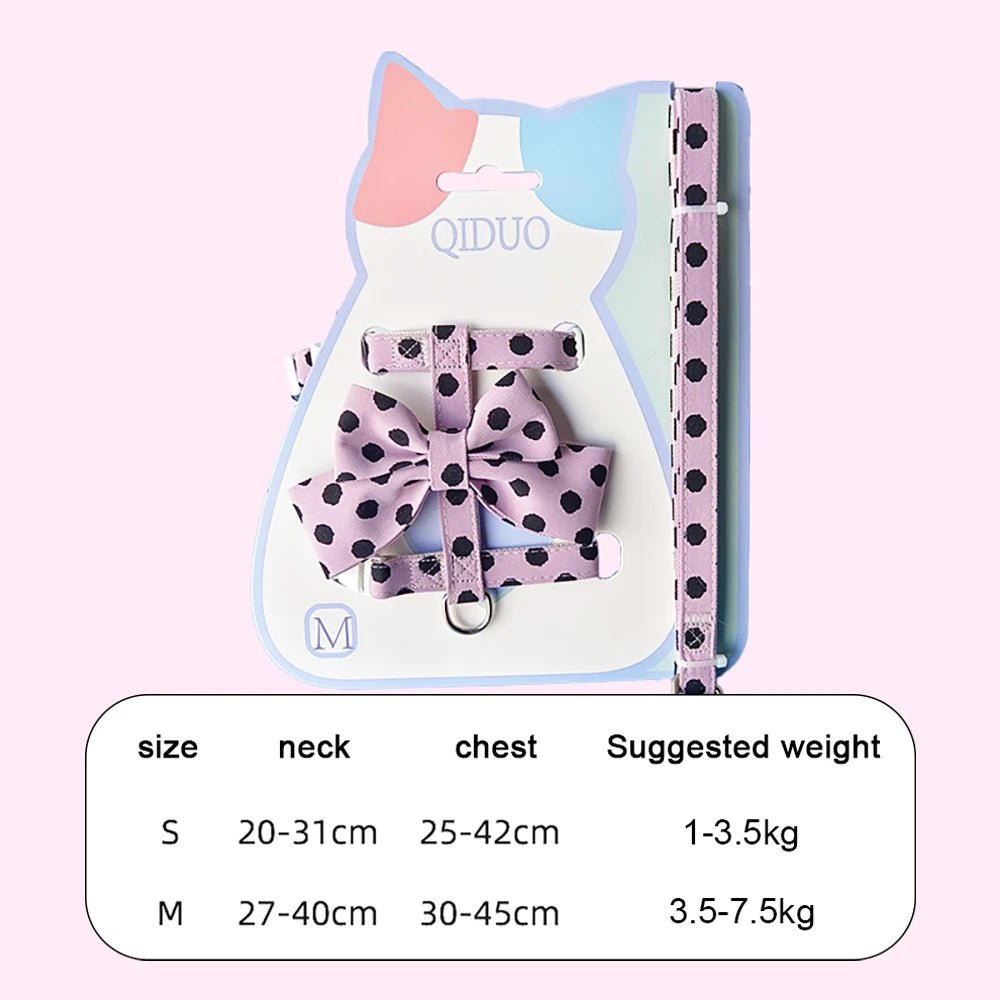 Stylish Polka Dot Pet Bow Harness & Leash Set Cute Puppy Kitten Small Dog Cat Vest Secure Adjustable Walking Cute Bow Collar