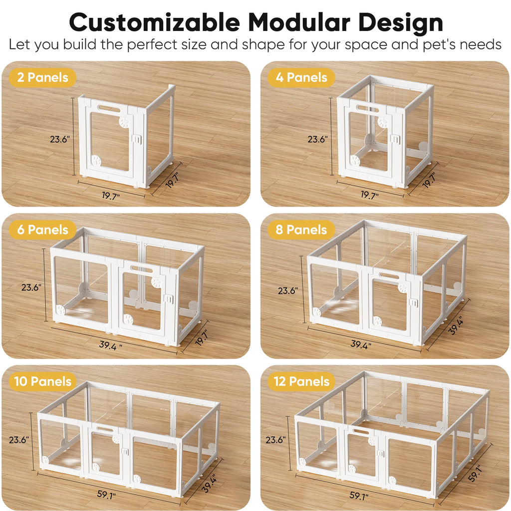 Clear Acrylic Dog Play Pen Indoors 24", 8 Panels Transparent Puppy Playpen with Door for Small Dogs Puppies, Modular Plastic Pet Playpen Cage Fence Crate for Cat Kitten Rabbit