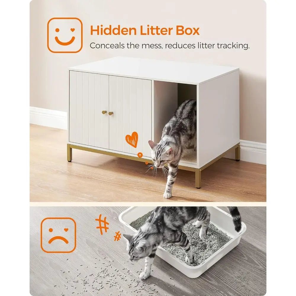 White & Gold Litter Box Cabinet — Winding Entry, Scratch Pad
