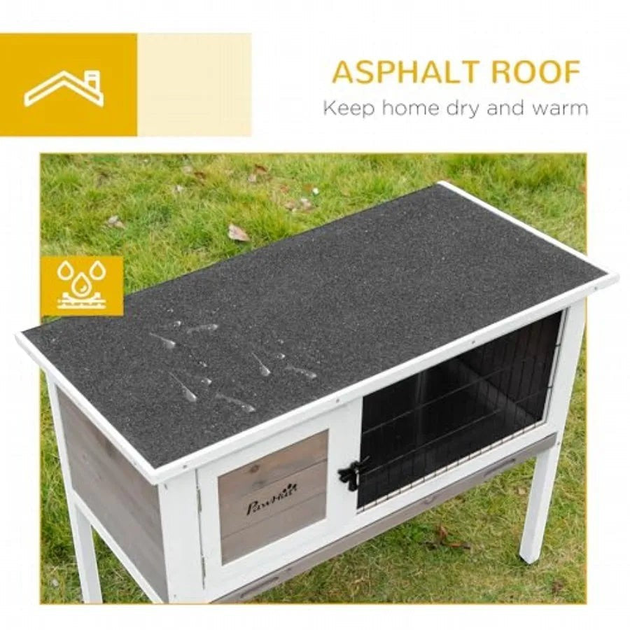 Elevated Wooden Rabbit Hutch, Indoor/Outdoor Bunny Cage with Hinged Asphalt Roof and Removable Tray for Guinea Pig