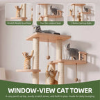 40 in Solid Pine Wood Cat Tree Multi-Level Cat Tower with Cat House Observation Perches Plush Bed and Sisal Scratching Posts In