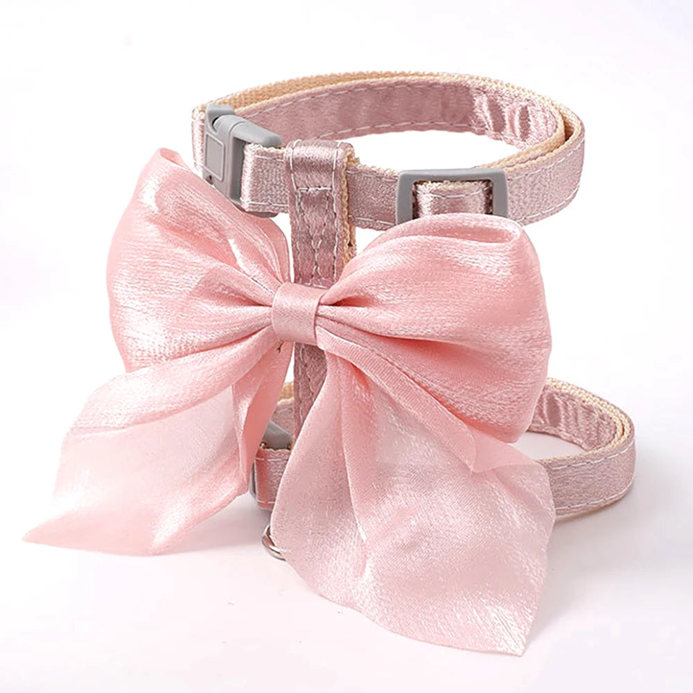 Cat Harness and Leash Set with Big Bow, Escape Proof  Kitten Lead, Adjustable H-Type Vest for Walking, Cute Shiny Accessories
