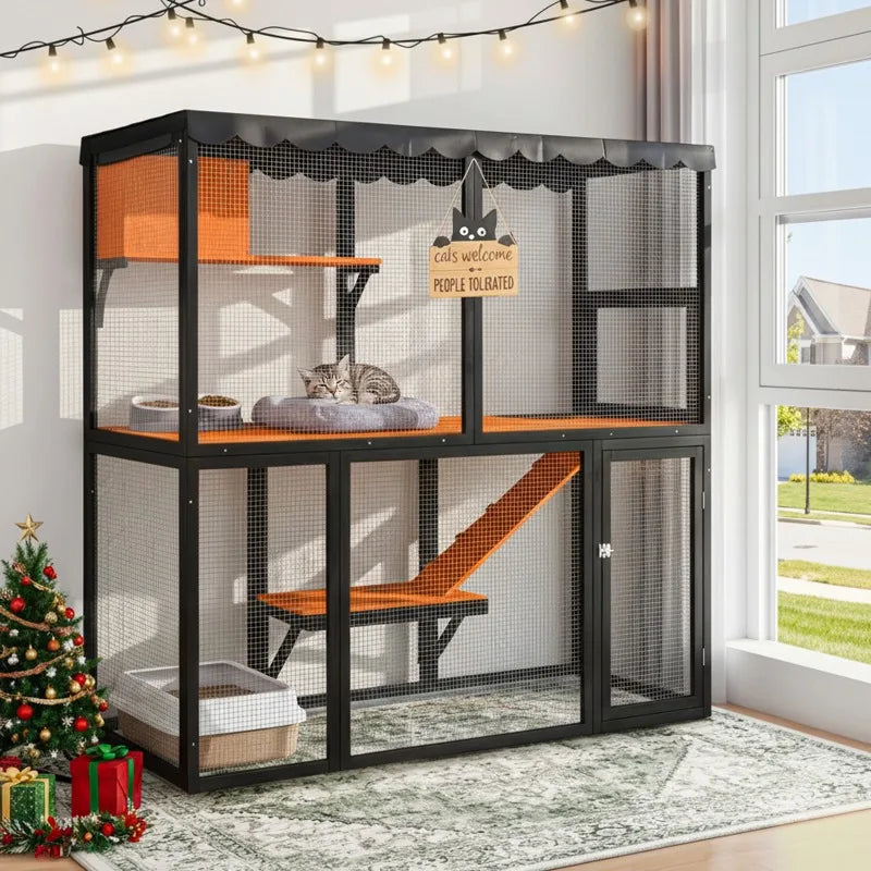 Wooden Catio Outdoor Cat Enclosure Large Cat House for Mulitiple Cats Walk ,Indoor 4 Tier Cat Enclosures House , Outdoor Cat Catio with Waterproof Cover,Ramp
