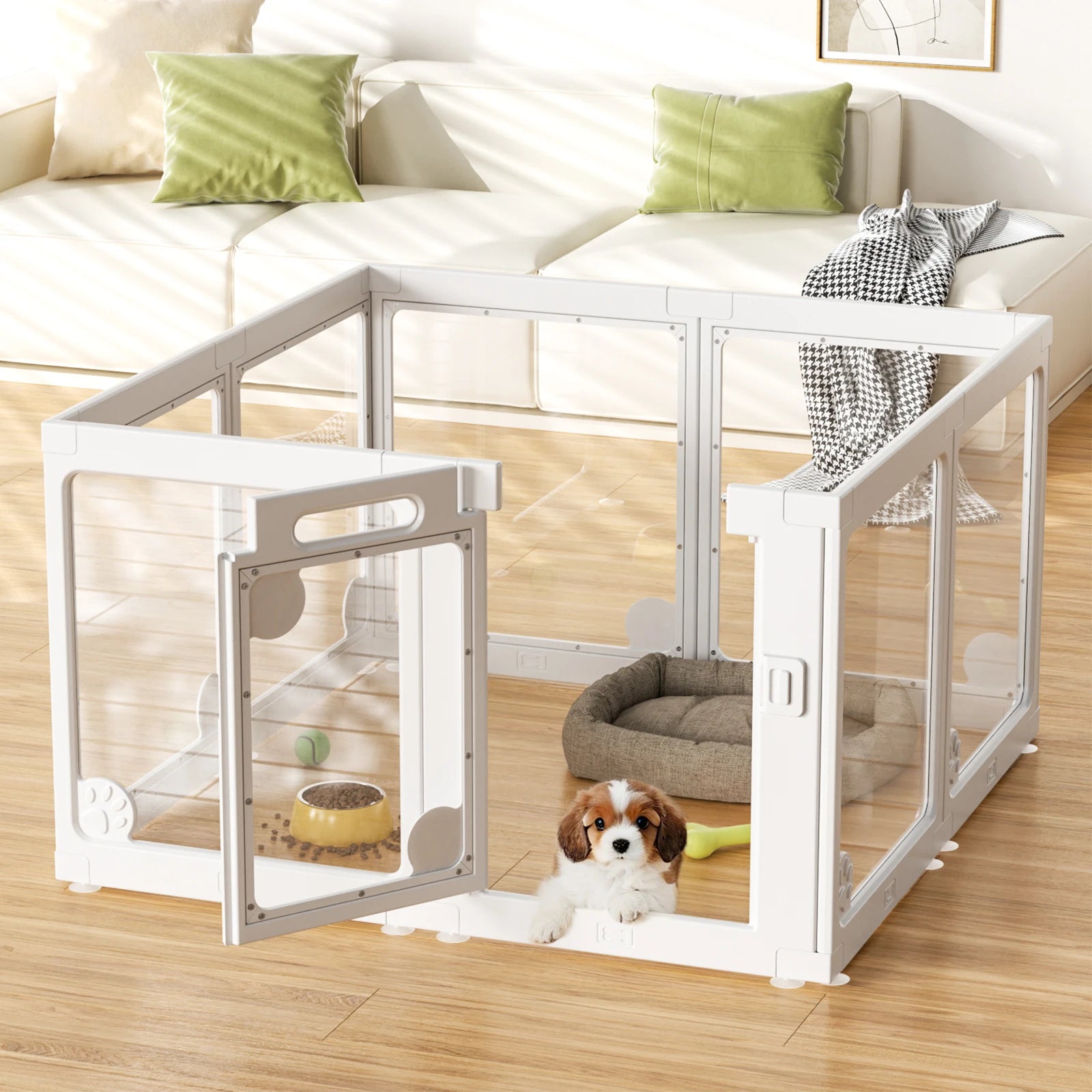 Clear Acrylic Dog Play Pen Indoors 24", 8 Panels Transparent Puppy Playpen with Door for Small Dogs Puppies, Modular Plastic Pet Playpen Cage Fence Crate for Cat Kitten Rabbit