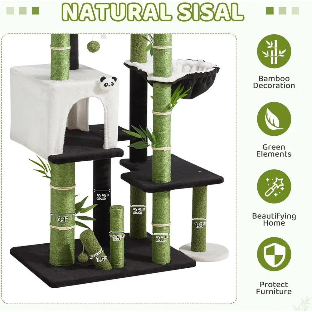 71.3 Tall Cat Tower with Panda Design: Spacious Kitty Condo, Sisal Scratching Post, Hammock, and Multi-Level Platforms