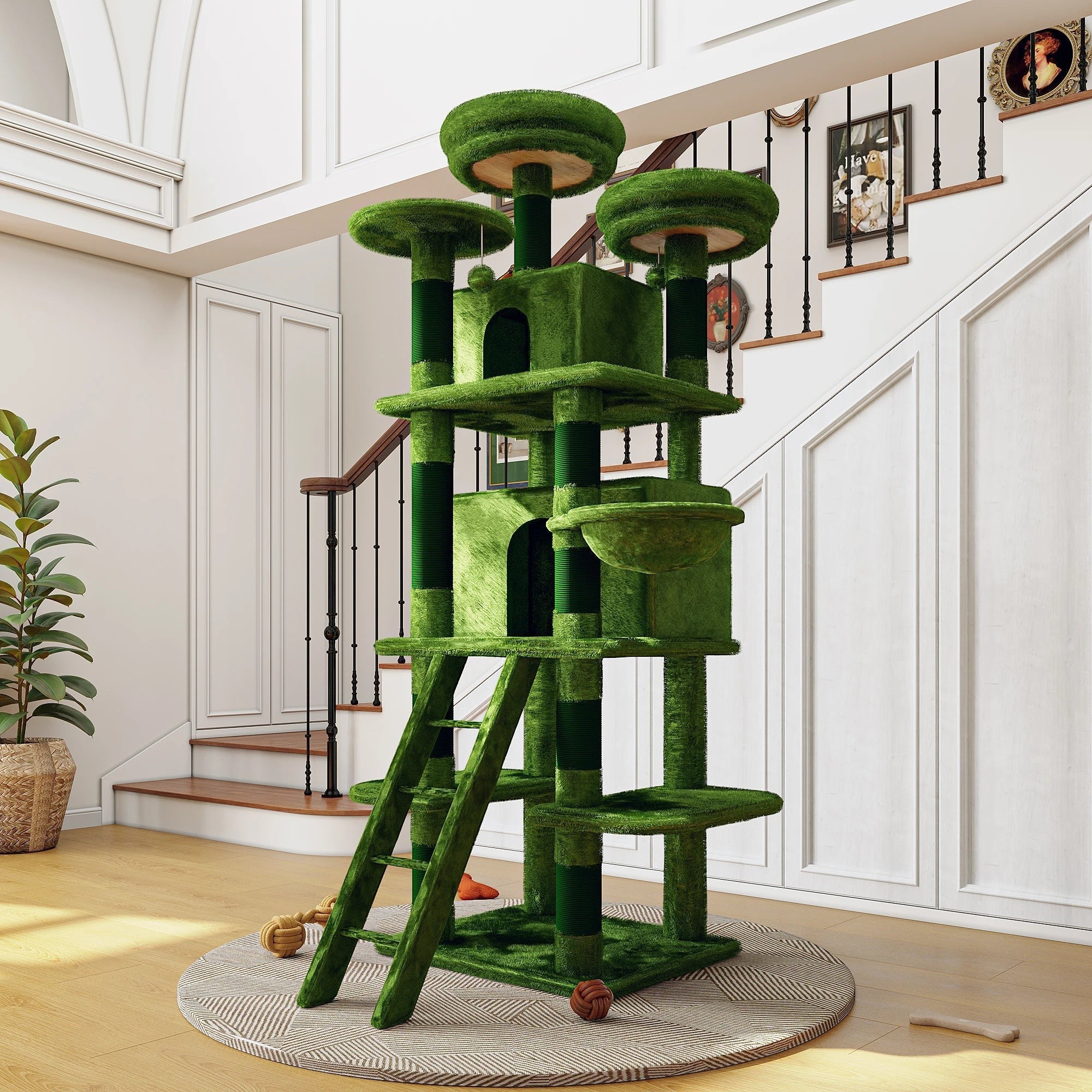 Large 70.87in Cat Tree W/2 Private Condos,3 Perches&Hanging Hammock,Skin-Friendly Short Plush&No Sharp Edges,Natural Sisal Scratching Areas,Safe & Stable for Multi-Cat Families,Kittens to Senior Cats