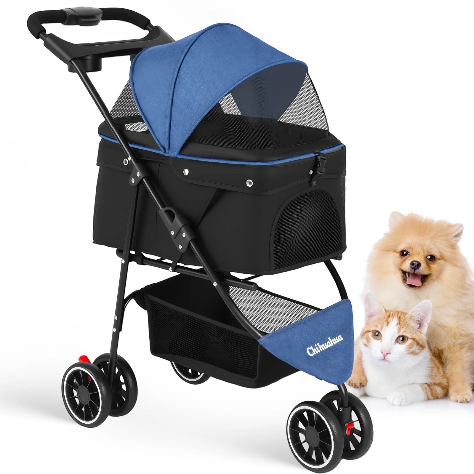 Mincy Pets Foldable 3-Wheel Pet Stroller with Mesh Canopy product photo.