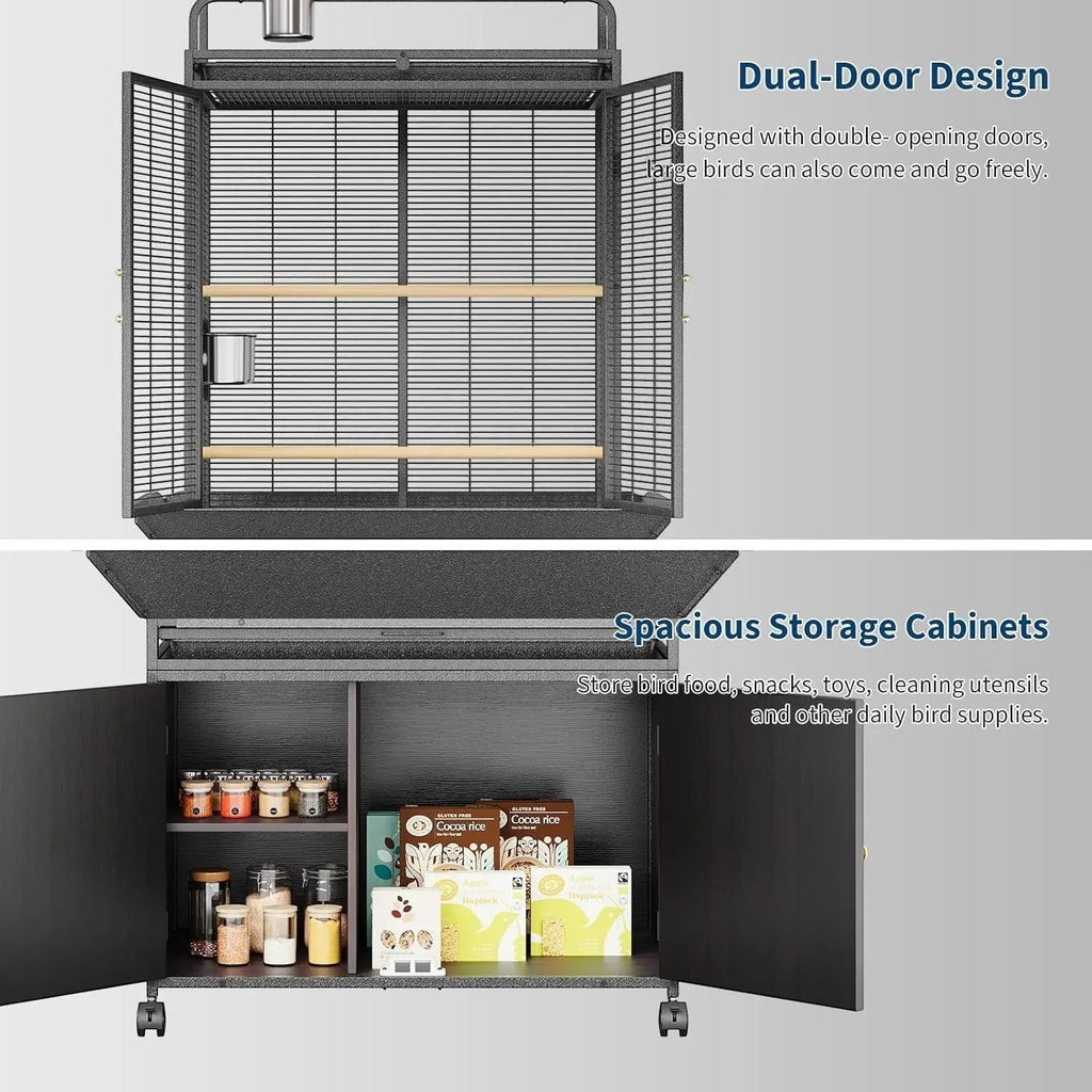 Large Bird Cage, 71" h Rolling Birdcage with Play Top & Storage Cabinet, Wood Parakeet Cage for Macaw Parakeet Parrot Cockatiel Budgie (Dark Walnut)