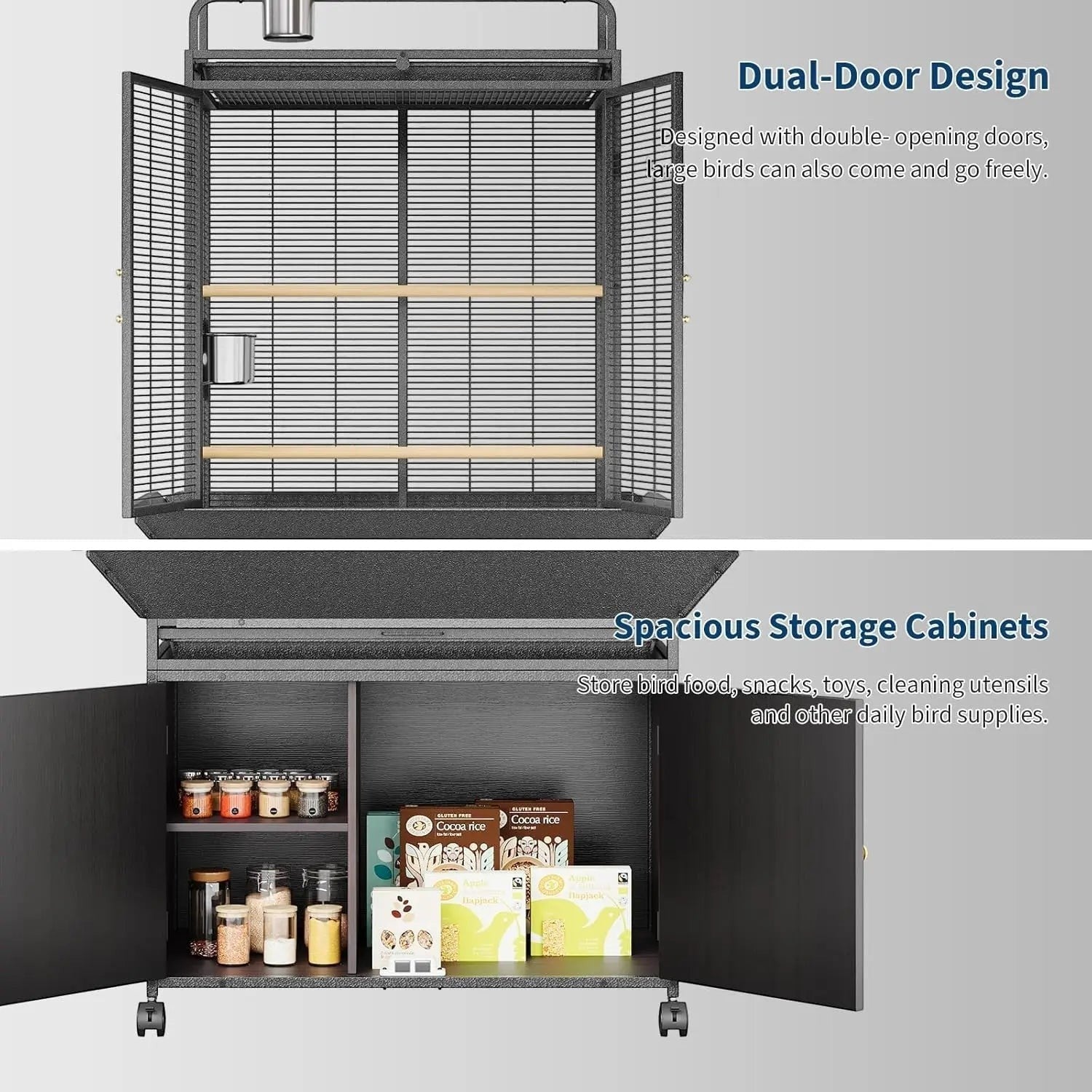 Large Bird Cage, 71" h Rolling Birdcage with Play Top & Storage Cabinet, Wood Parakeet Cage for Macaw Parakeet Parrot Cockatiel Budgie (Dark Walnut)