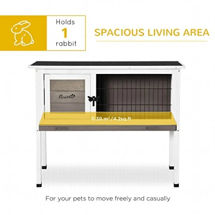 Elevated Wooden Rabbit Hutch, Indoor/Outdoor Bunny Cage with Hinged Asphalt Roof and Removable Tray for Guinea Pig