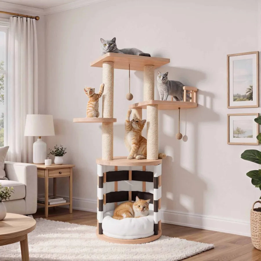 40 in Solid Pine Wood Cat Tree Multi-Level Cat Tower with Cat House Observation Perches Plush Bed and Sisal Scratching Posts In