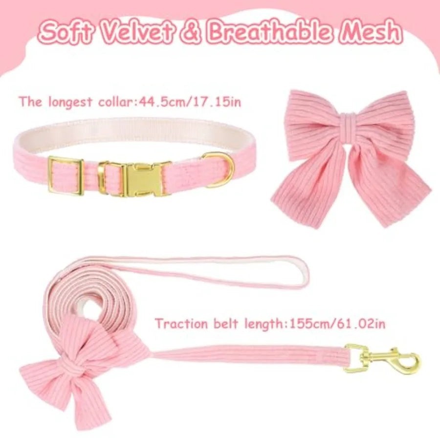 2pcs Dog Collar and Leash Set with Bowtie Cute Small Dog Collar Harness Leash Set Adjustable Breathable Soft Padded for Small M