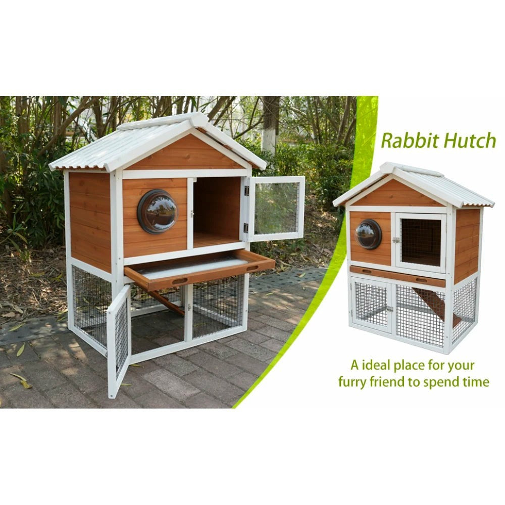 Ye Rabbit Hutch Outdoor: 2-tier Wooden Rabbit House with Waterproof Roof, Removable Tray, Viewing Window, Suitable for Small Animals like Guinea Pigs and Hamsters