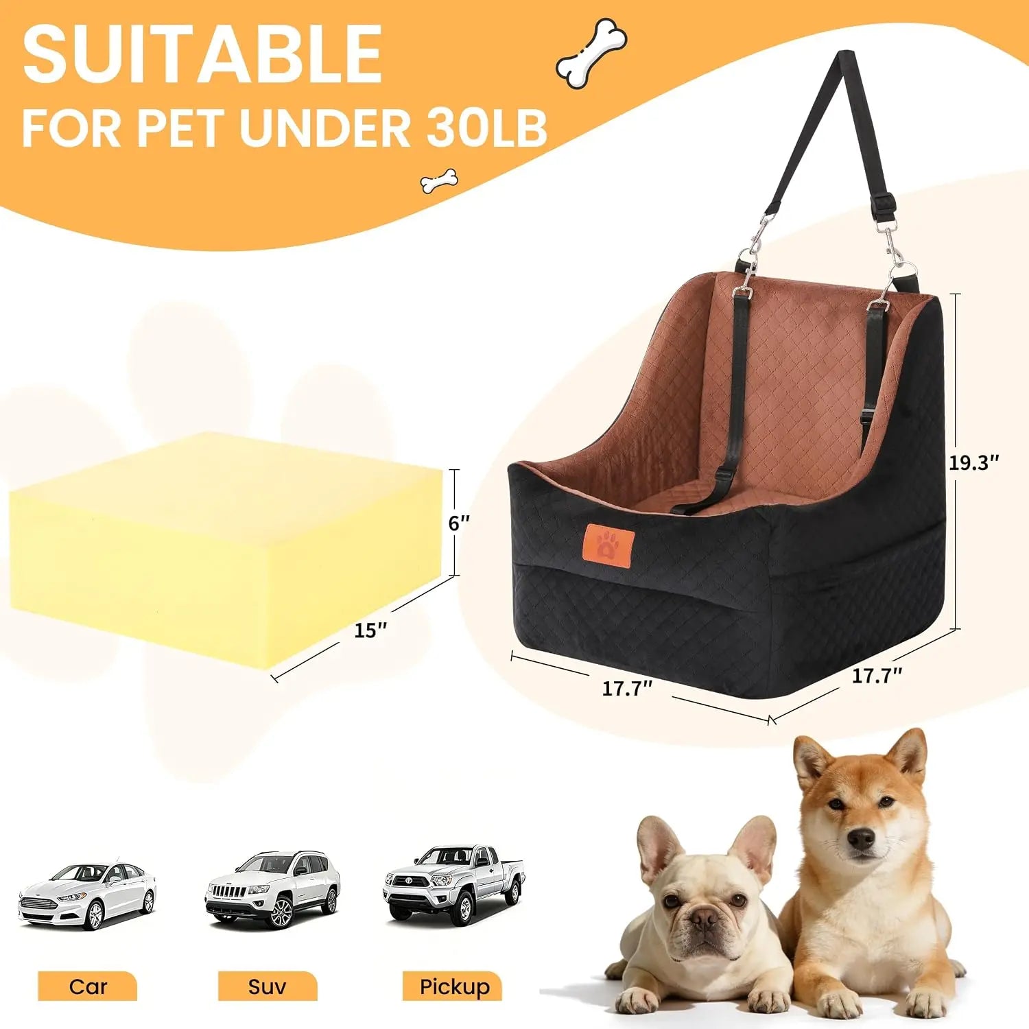 Elevated Dog Car Seat for Small to Medium Dogs, Up to 35 lbs, with Safety Belts & Washable Cover