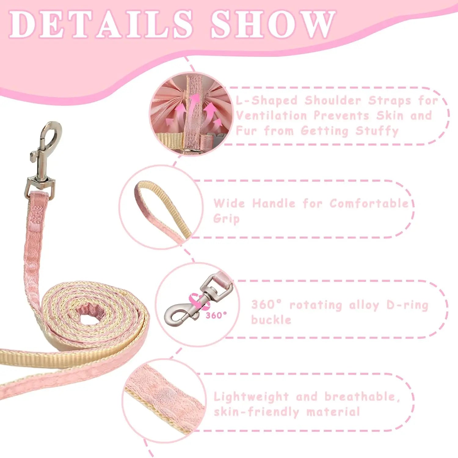 Pink Bow Cat Harness and Leash Set Escape Proof Adjustable for Walking Outdoor with Soft Lightweight Design for Small Cats