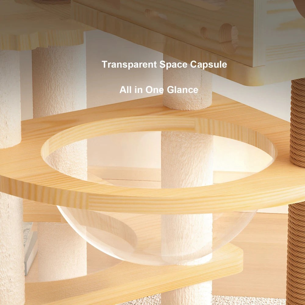 Modern Wooden Cat Tree Tower for Indoor Cats, Multi-Level Cat Condo with Sisal Scratching Posts, Top Perch & Acrylic Hammock, Durable Large Activity Center for Multiple Kittens