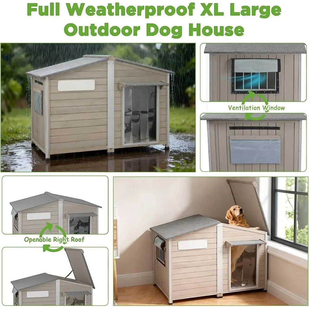 Extra Large Weatherproof XL Wooden Dog House for Small to Large Dogs with Metal Roof and Reinforced Base