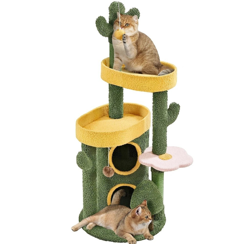 48.5in Cat Tree Oasis-Themed Fleece-Covered Cat Tree Tower, Cactus Cat Condo with 3 Perches/Scratching Posts/Toys, Cute Cat House Activity Center, Anti-tipping, Ideal Christmas Gift for Indoor Cat Kitty, Green & Yell