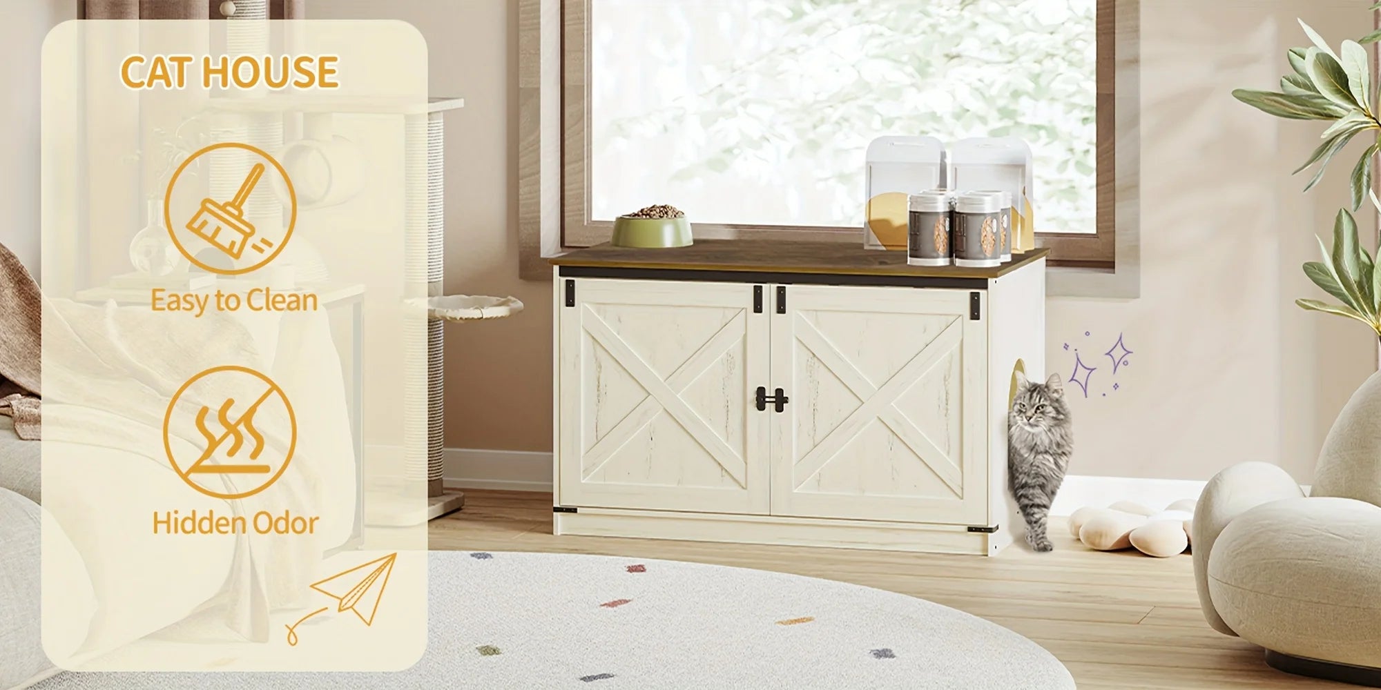 Hillcrest Reversible Litter Box Cabinet — Hidden Storage, Barn Door Design