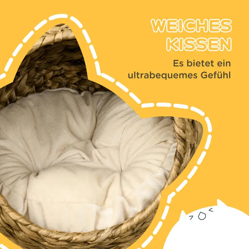 Rattan cat basket, cat cave, cat house, cat bed with cushion, pet bed, water hyacinth, brown, 42 x 33 x 52 cm