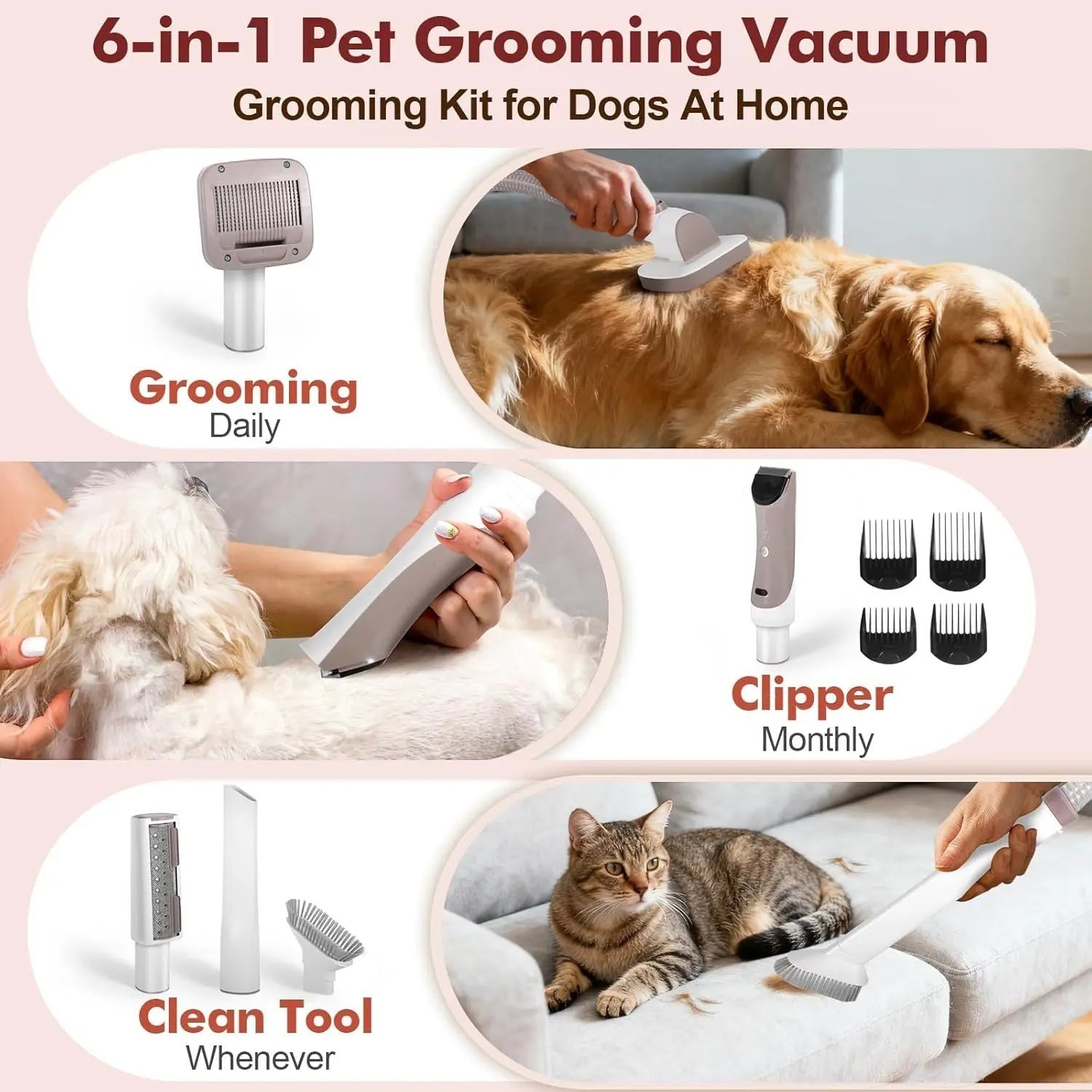 3.2L Pet Grooming Vacuum, 12000Pa Suction, Low Noise, 5 Tools for Dogs & Cats