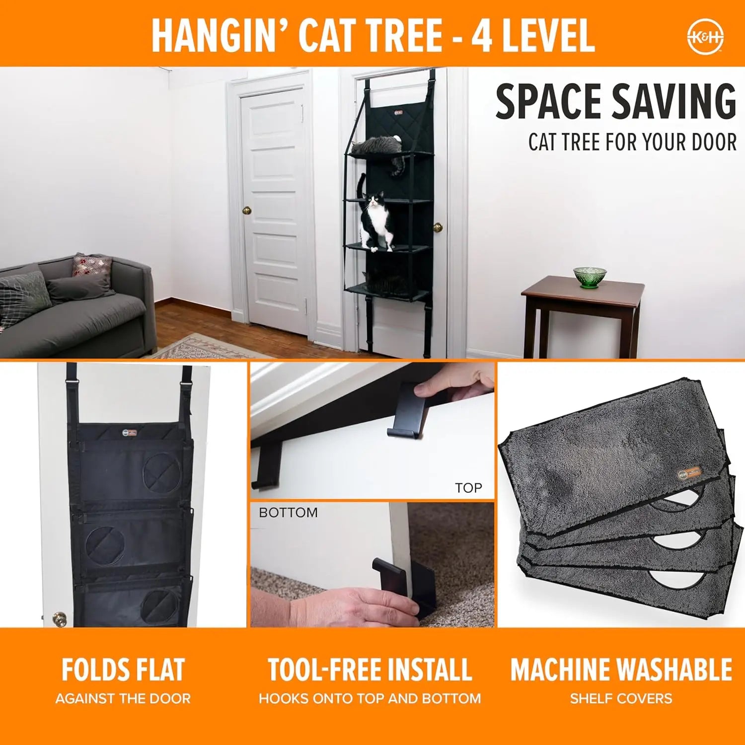 K&H Pet Products Hangin Cat Tree Door Mounted Cat Furniture, Space Saving Multi-Level Wall Perch Hammock Bed, Interconnecting Le