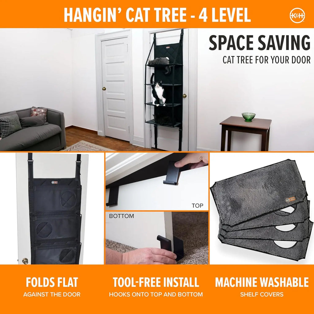 K&H Pet Products Hangin Cat Tree Door Mounted Cat Furniture, Space Saving Multi-Level Wall Perch Hammock Bed, Interconnecting Le